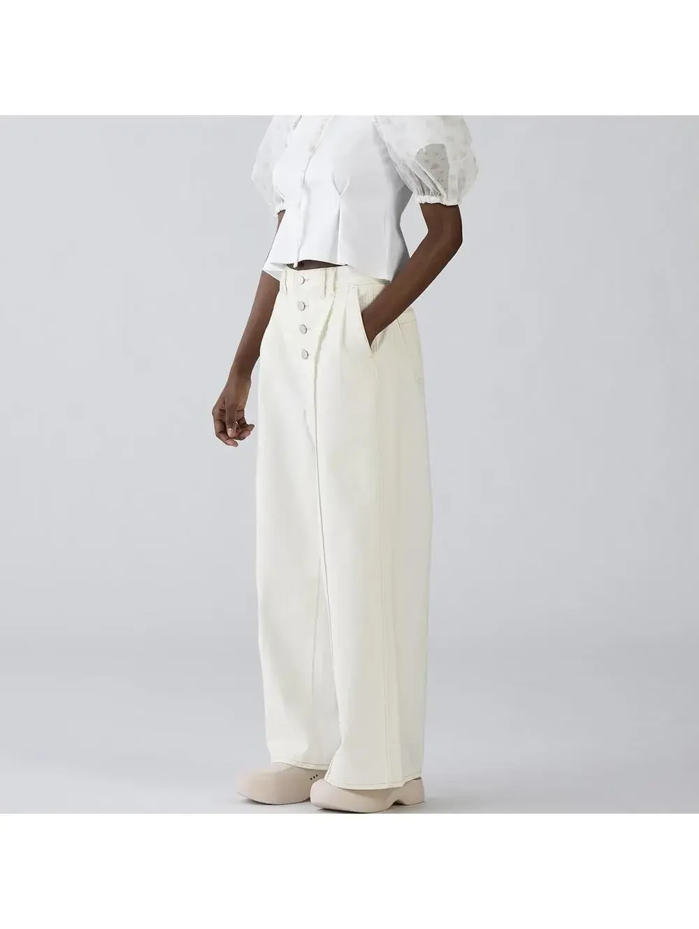 Uniqlo GU 100% Cotton Button Front Wide Leg Jeans by rokh NWT Off White Small